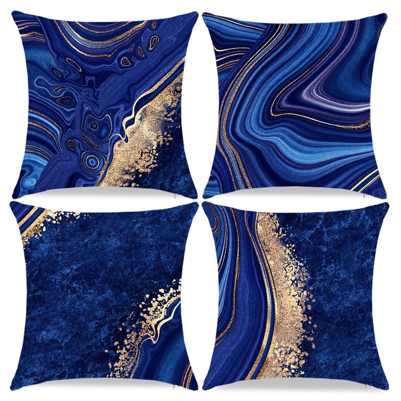 LDJRSY Navy Blue and Gold Throw Pillow Cover Set of 4 Blue Modern Marble Texture Pillow Covers 18x18 inh Soft Decorative Pillow Cases for Home Couch Living Room Bedroom Sofa - Image 1